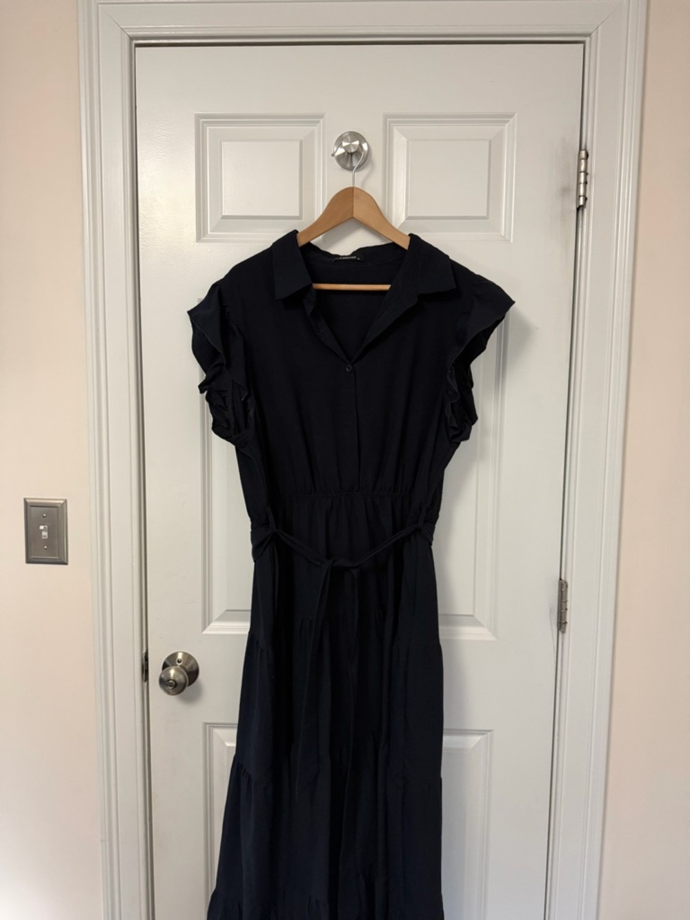 Women's Navy Blue Ruffled Sleeve Maxi Dress - Classic Shirtwaist Style